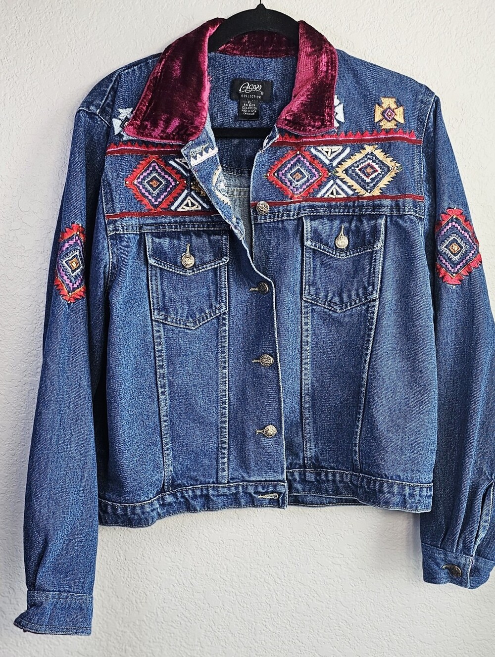 Vintage 90s Southwest Embroidered Denim Jacket XL Velvet Collar Western Boho